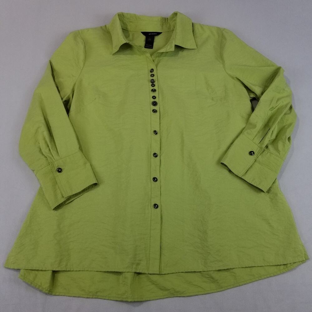 Ali Miles Tunic Blouse Womens Large Lime Green Crinkle Button Front Art to Wear